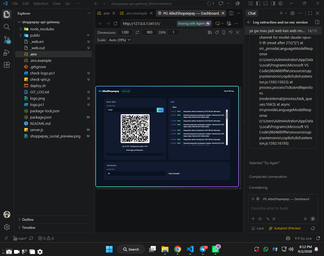 Dashboard payment gateway dengan generator QRIS statis dan log transaksi